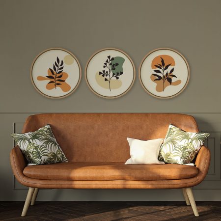 Set of 3 Bohemian Minimal Leaves – Circular Wooden Frames