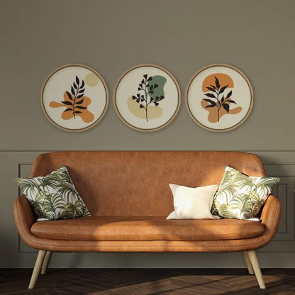 Set of 3 Bohemian Minimal Leaves – Circular Wooden Frames