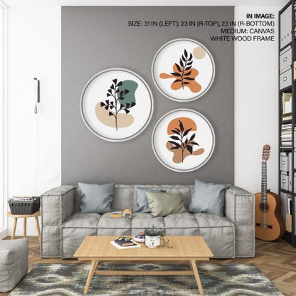 Set of 3 Bohemian Minimal Leaves – Circular Wooden Frames