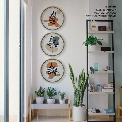 Set of 3 Bohemian Minimal Leaves – Circular Wooden Frames
