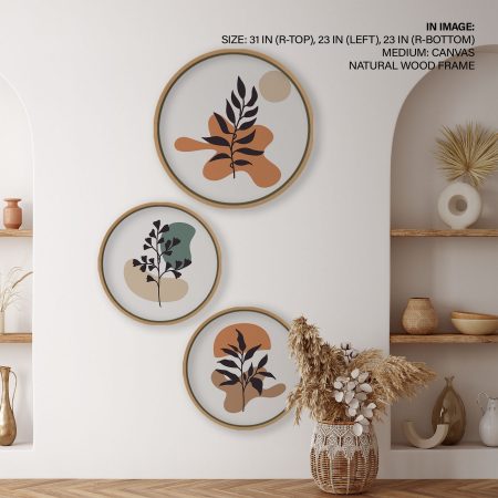 Set of 3 Bohemian Minimal Leaves – Circular Wooden Frames