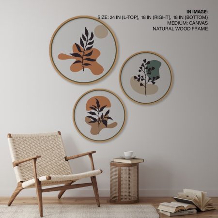 Set of 3 Bohemian Minimal Leaves – Circular Wooden Frames
