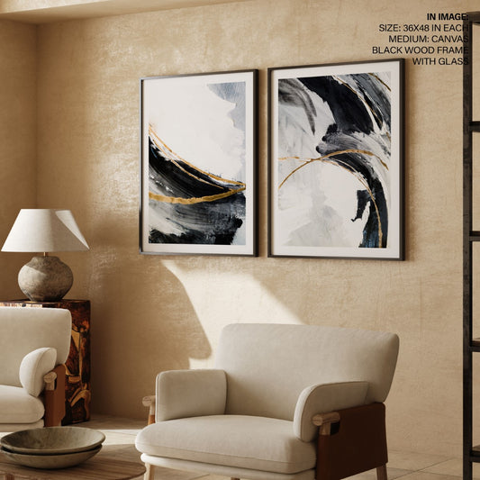 Set of 2 contemporary brushstrokes black white golden abstract painting