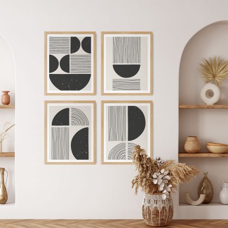 Set of 4 black trendy geometric grunge line drawing