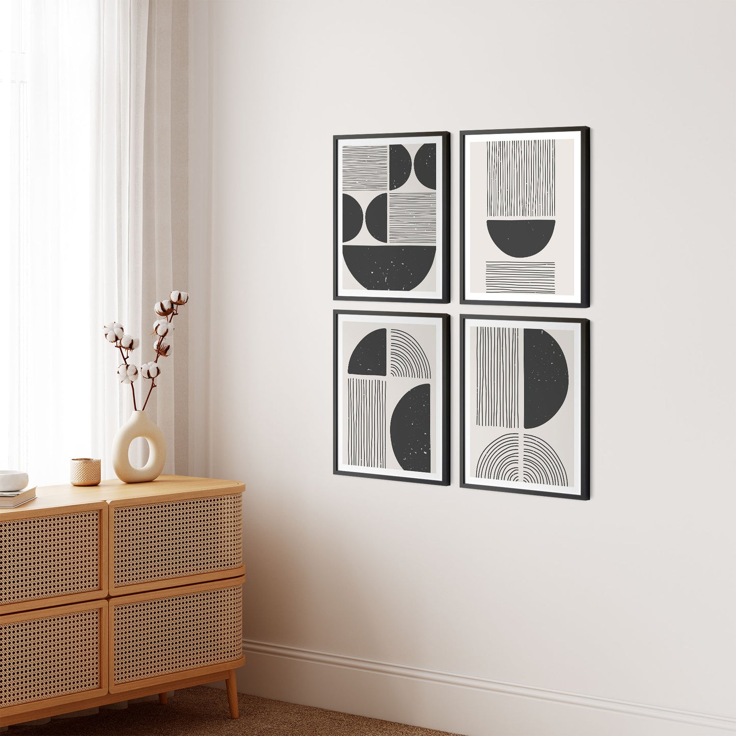 Set of 4 black trendy geometric grunge line drawing