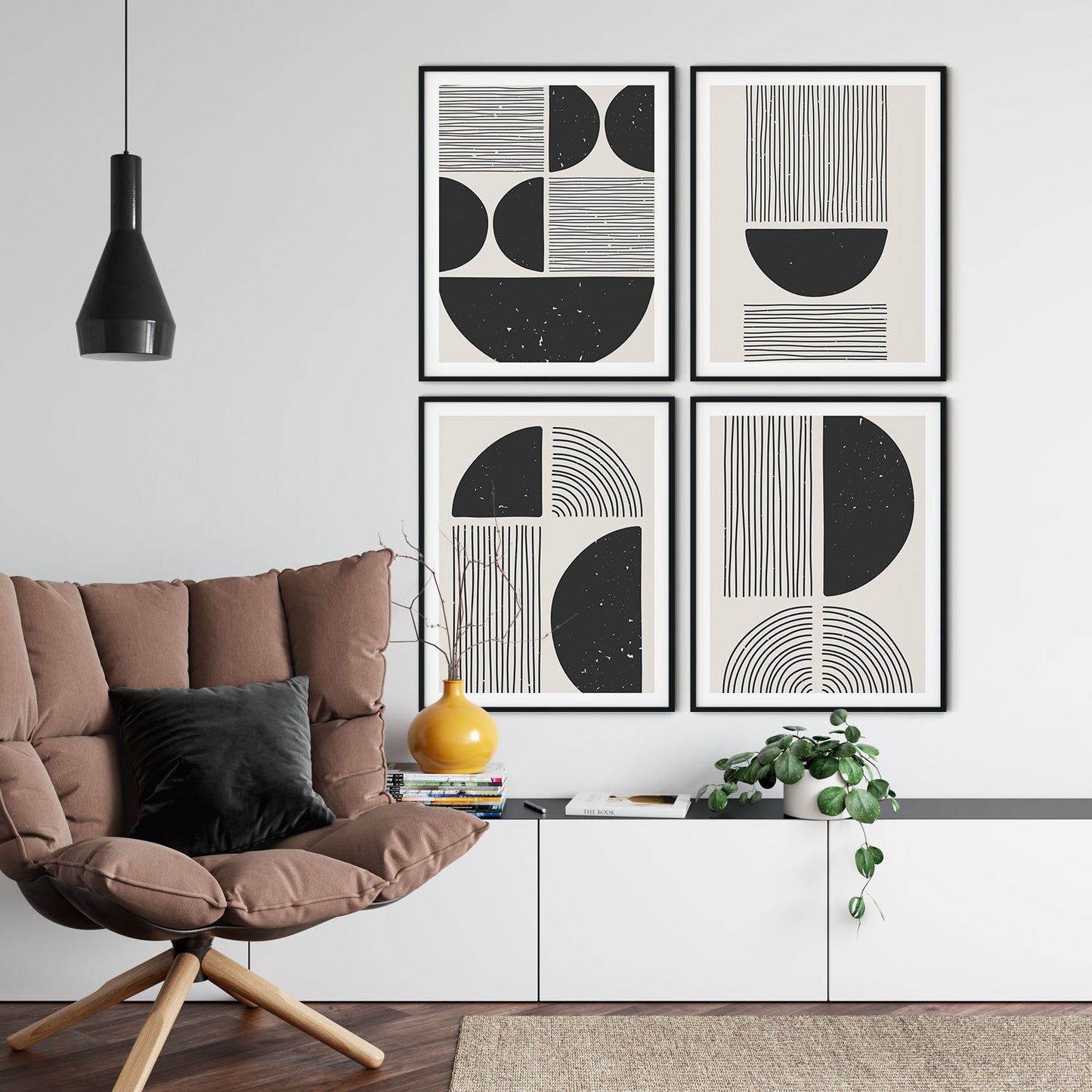 Set of 4 black trendy geometric grunge line drawing