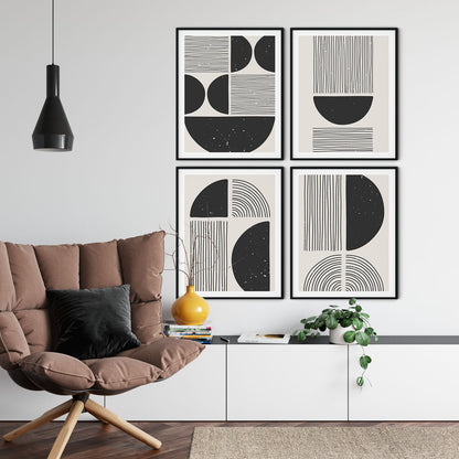 Set of 4 black trendy geometric grunge line drawing
