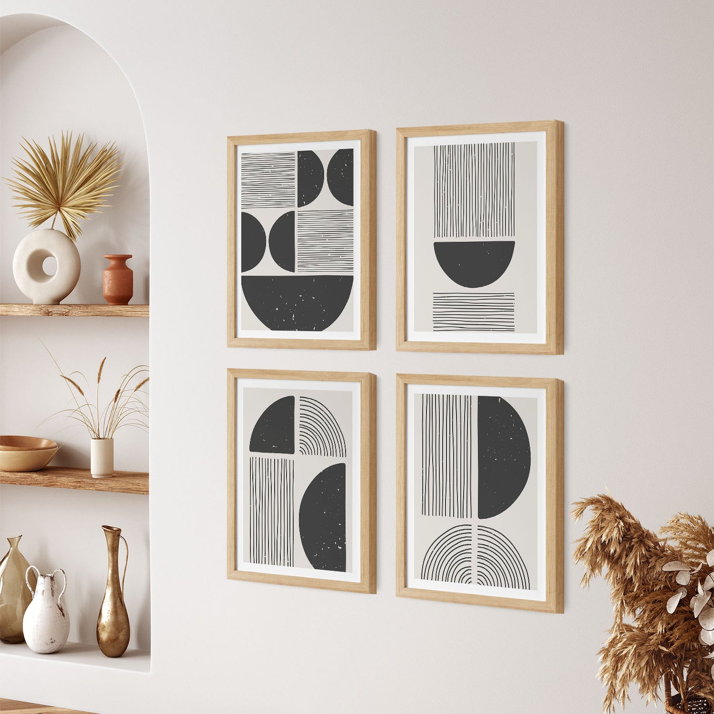 Set of 4 black trendy geometric grunge line drawing