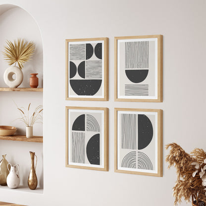 Set of 4 black trendy geometric grunge line drawing