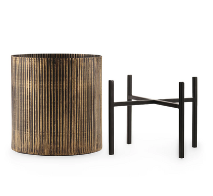 Black Iron Ribbed Planter With Stand Medium
