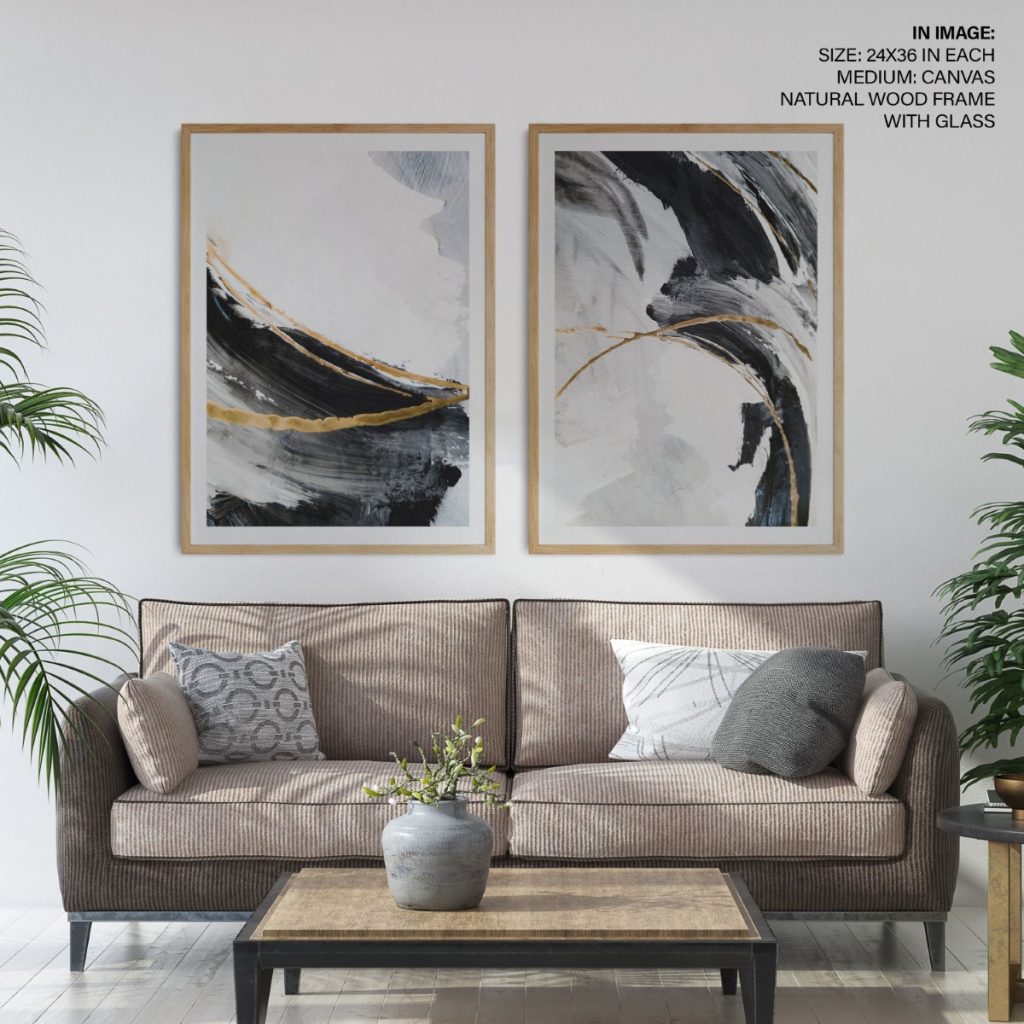 Set of 2 contemporary brushstrokes black white golden abstract painting