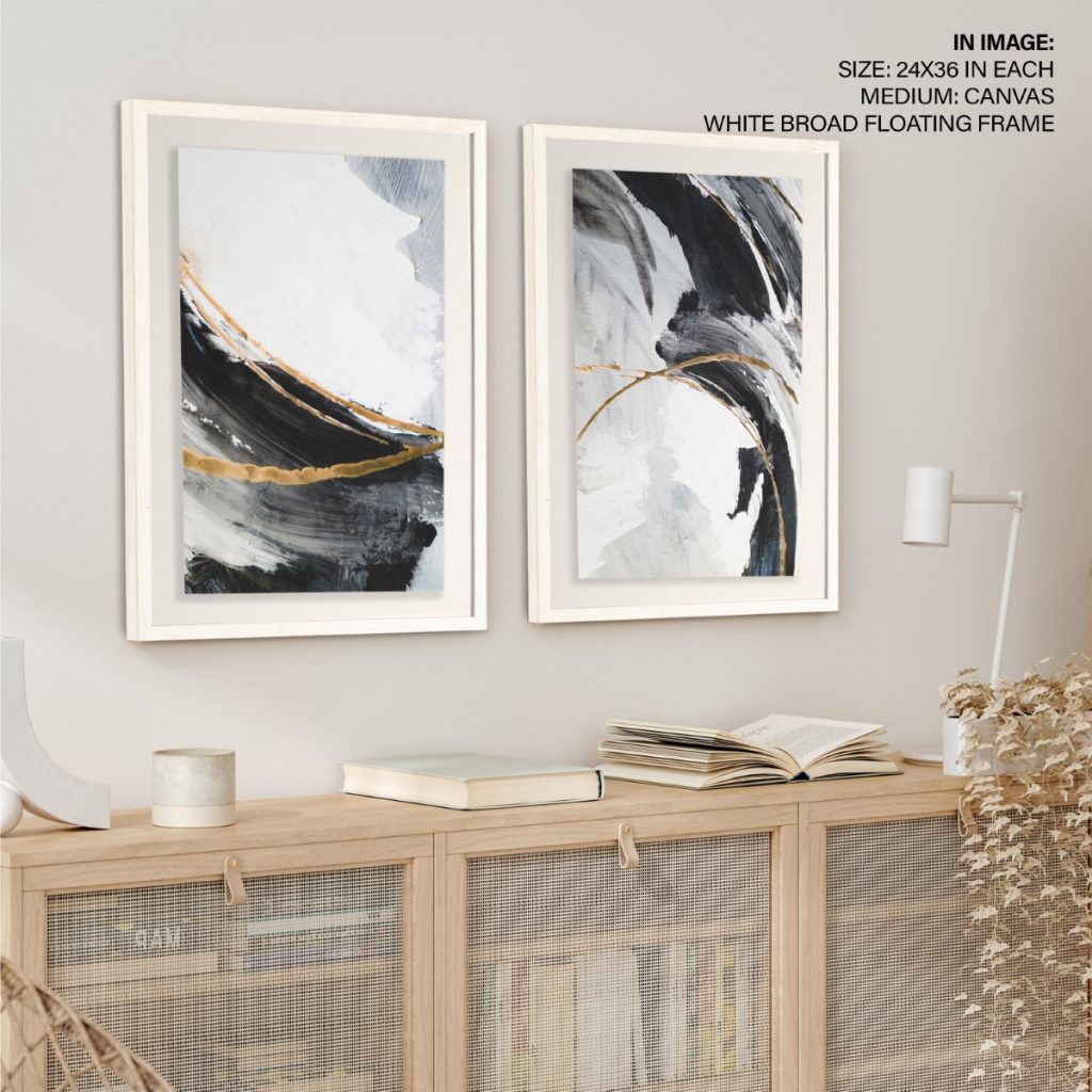 Set of 2 contemporary brushstrokes black white golden abstract painting