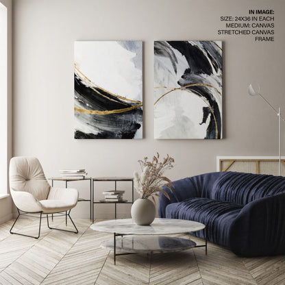 Set of 2 contemporary brushstrokes black white golden abstract painting