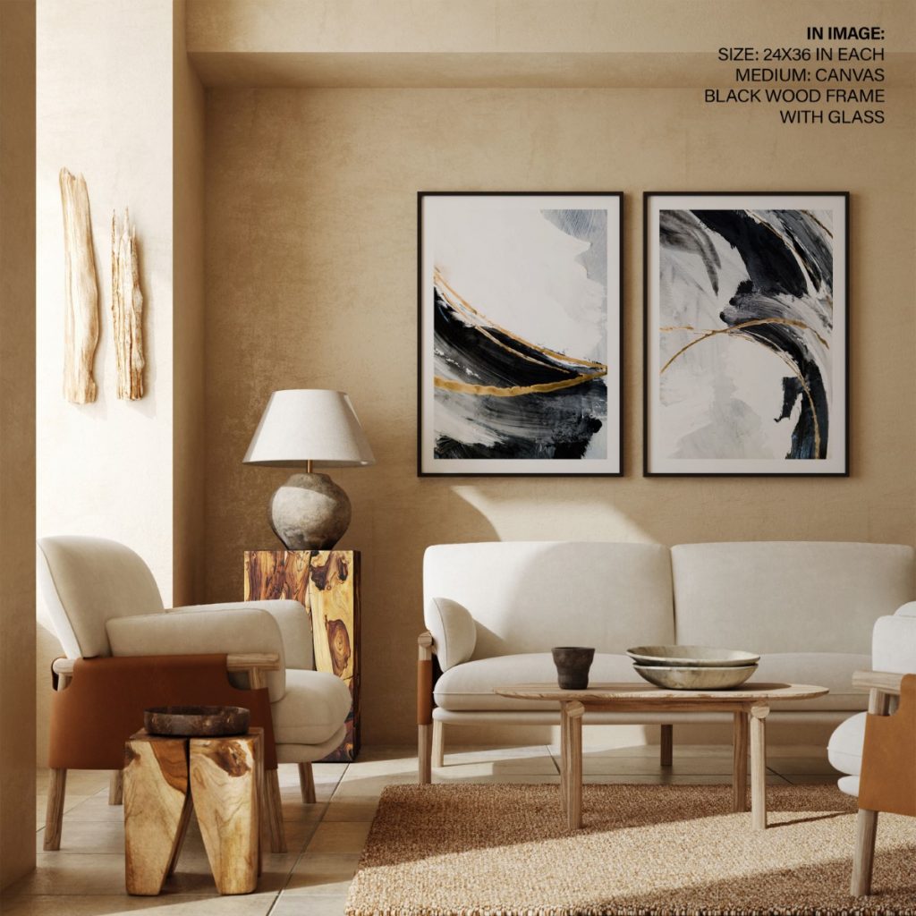 Set of 2 contemporary brushstrokes black white golden abstract painting