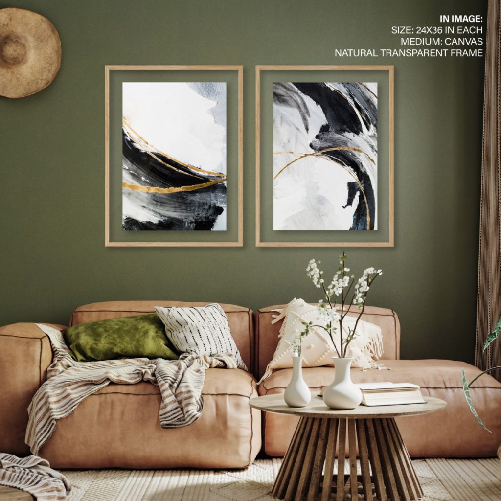 Set of 2 contemporary brushstrokes black white golden abstract painting