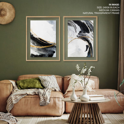 Set of 2 contemporary brushstrokes black white golden abstract painting