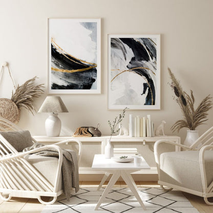 Set of 2 contemporary brushstrokes black white golden abstract painting