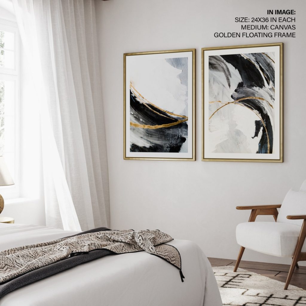 Set of 2 contemporary brushstrokes black white golden abstract painting