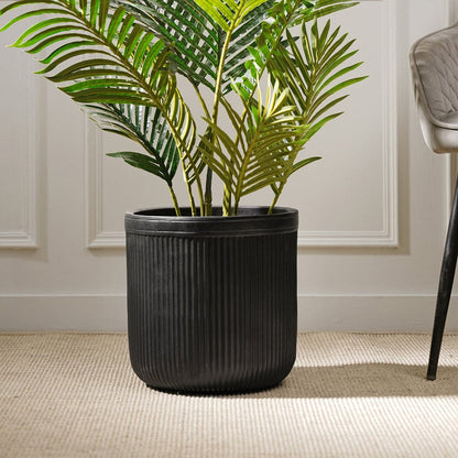 Black Vertical Ribbed Polyfibre Clay Pot Medium