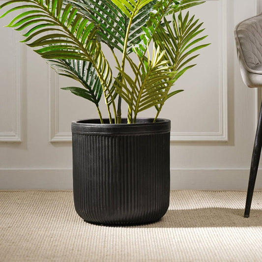 Black Vertical Ribbed Polyfibre Clay Pot Medium