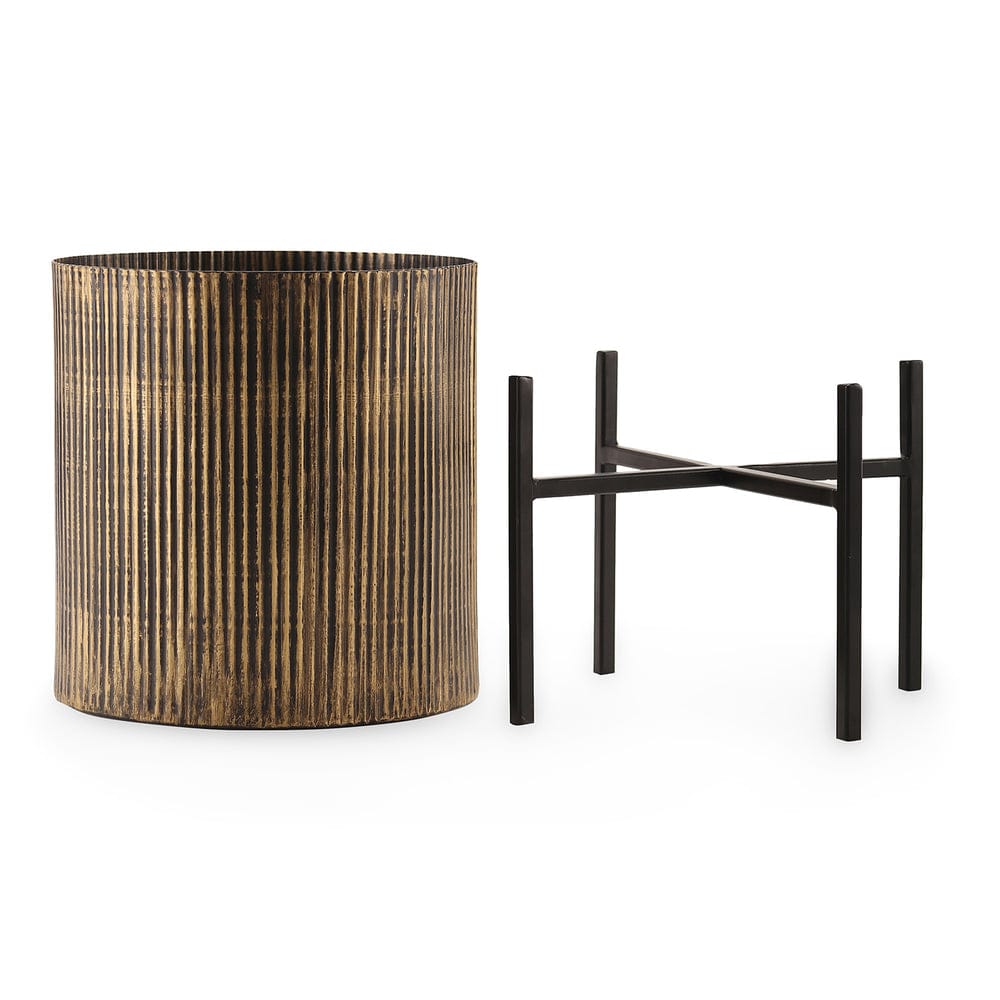 Black Iron Ribbed Planter With Stand Medium