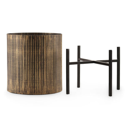 Black Iron Ribbed Planter With Stand Medium