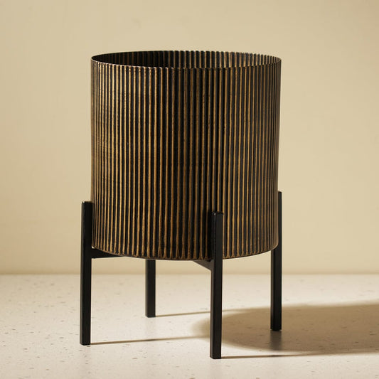 Black Iron Ribbed Planter With Stand Medium
