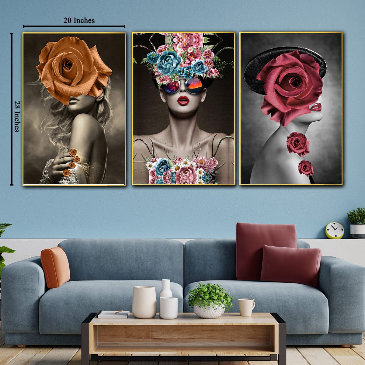 Floral Dreams Framed Canvas Print Set of 3 (Golden Frame)