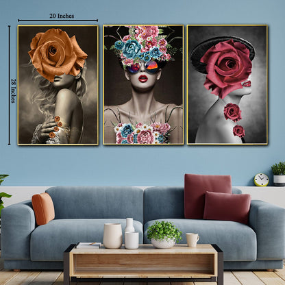 Floral Dreams Framed Canvas Print Set of 3 (Golden Frame)
