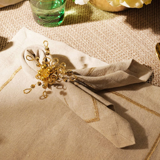 Set of 4 Beige Zari Linen Embroidered Napkins