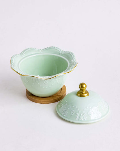 Wavy Edge Dessert Bowl With Lid - Green
