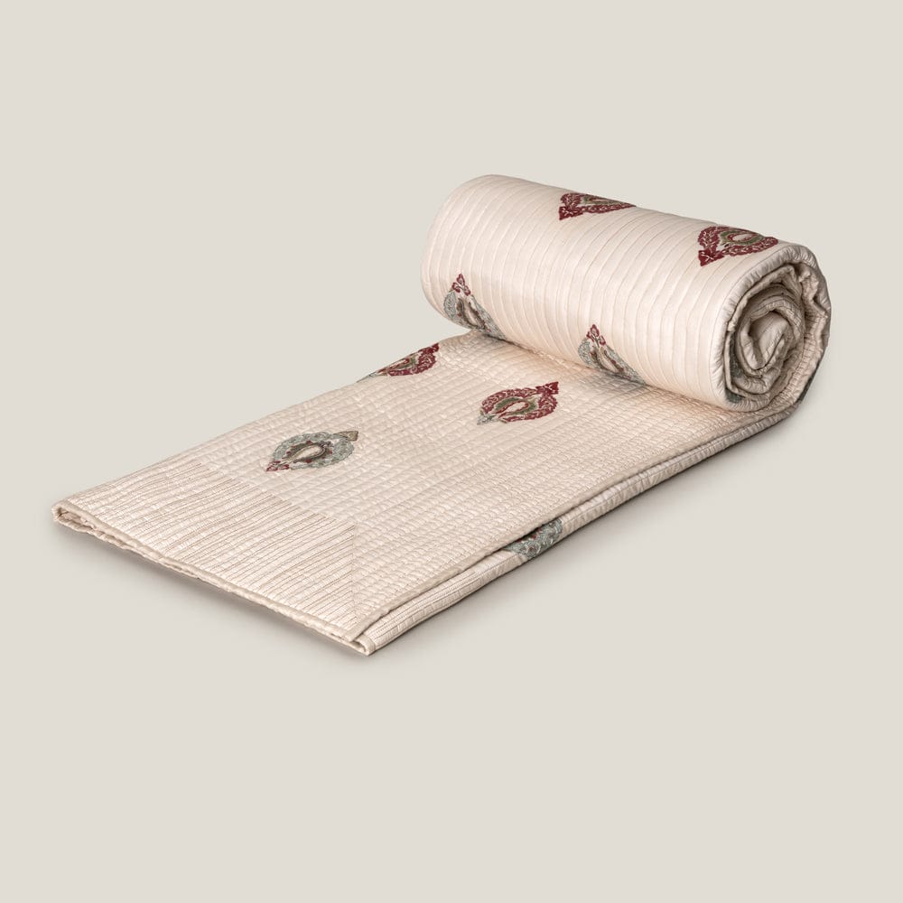 Abeeha Off White Emb. Faux Silk Bedspread