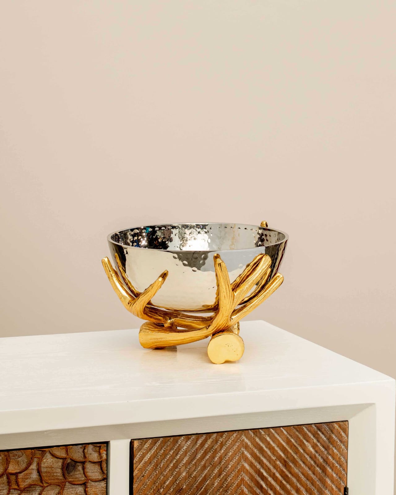 Metallic Silver Bowl With Rustic Gold Twig Stand - Large