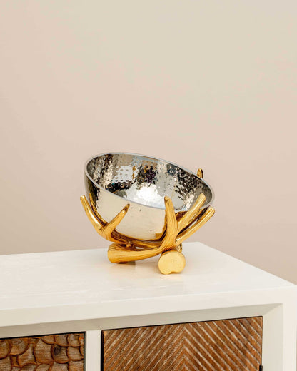 Metallic Silver Bowl With Rustic Gold Twig Stand - Large