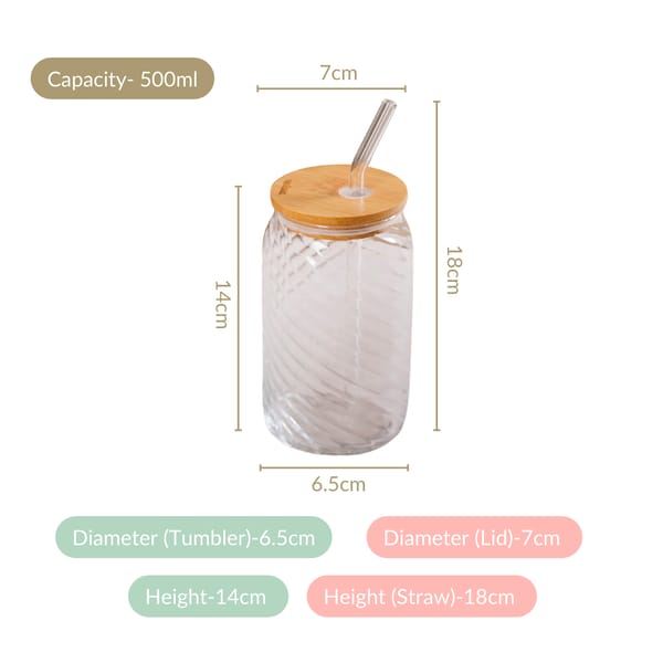 Set Of 4 Glass Tumblers With Wooden Lids And Glass Straws 500ml