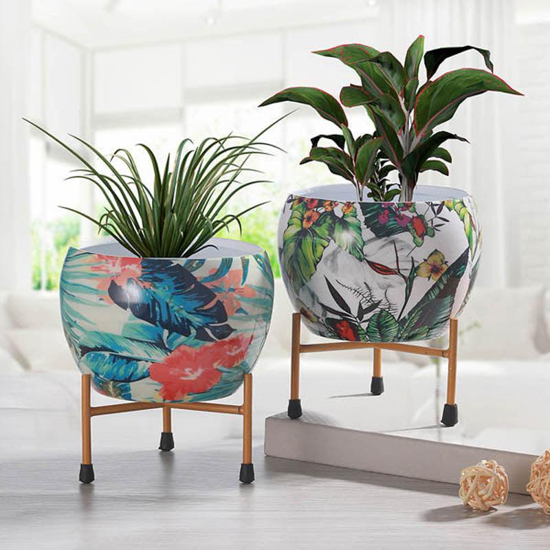 Tropical Tweet Handcrafted Planter With Stand - Four Piece Set