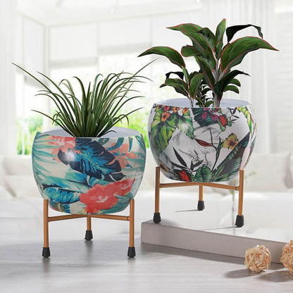 Tropical Tweet Handcrafted Planter With Stand - Four Piece Set