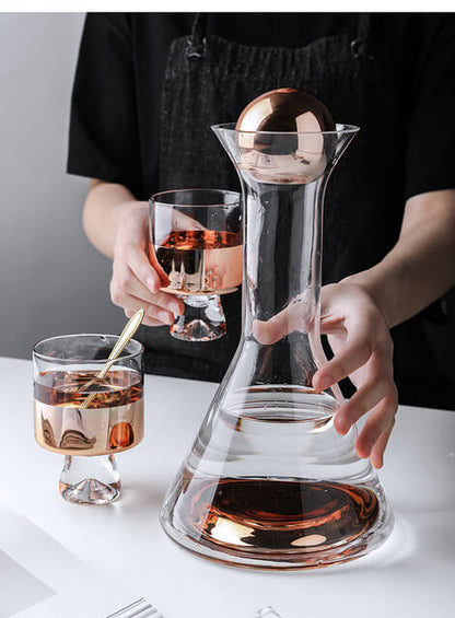 Rose Gold Glass Decanter for Water | 2 Glasses (300 ml) & Decanter (1 Litre) | Juice Decanter | Glass Decanter Set with Glasses | Decanter with Ball Lid | Decanter Glass Set