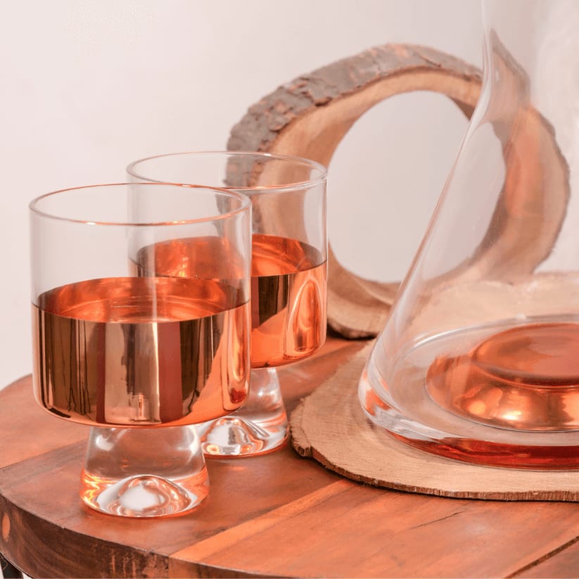 Rose Gold Glass Decanter for Water | 2 Glasses (300 ml) & Decanter (1 Litre) | Juice Decanter | Glass Decanter Set with Glasses | Decanter with Ball Lid | Decanter Glass Set