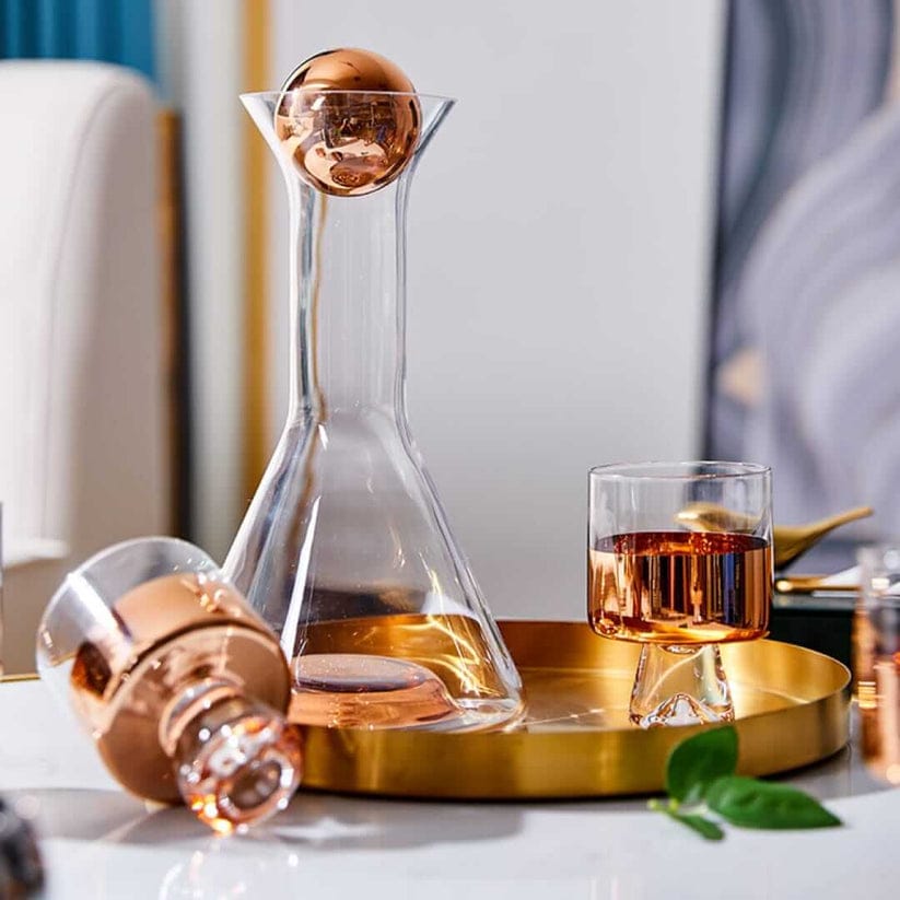 Rose Gold Glass Decanter for Water | 2 Glasses (300 ml) & Decanter (1 Litre) | Juice Decanter | Glass Decanter Set with Glasses | Decanter with Ball Lid | Decanter Glass Set