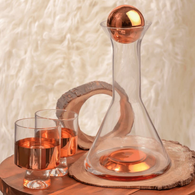 Rose Gold Glass Decanter for Water | 2 Glasses (300 ml) & Decanter (1 Litre) | Juice Decanter | Glass Decanter Set with Glasses | Decanter with Ball Lid | Decanter Glass Set