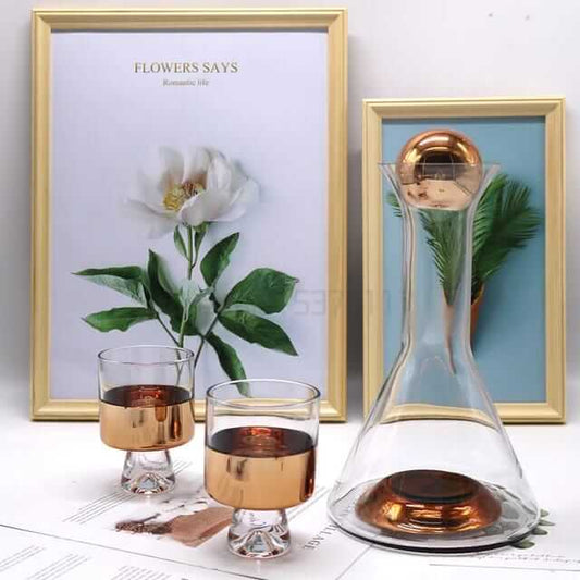 Rose Gold Glass Decanter for Water | 2 Glasses (300 ml) & Decanter (1 Litre) | Juice Decanter | Glass Decanter Set with Glasses | Decanter with Ball Lid | Decanter Glass Set
