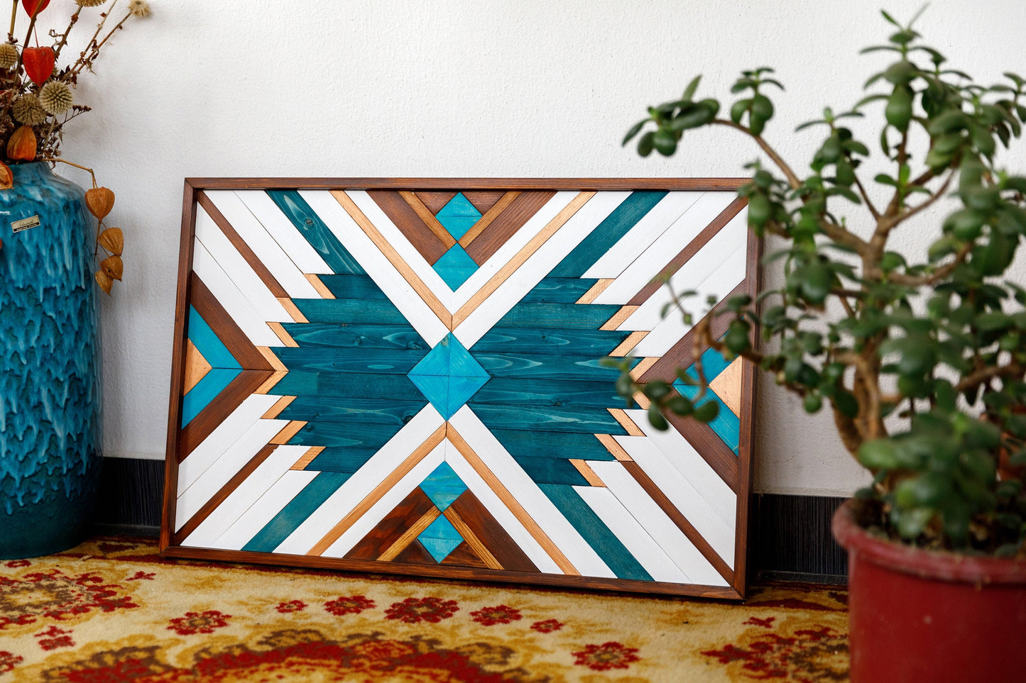Geometric Blue Wood Wall Art for Boho Home Decor – Aztec Wall Hanging & Modern Wood Decoration