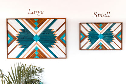 Geometric Blue Wood Wall Art for Boho Home Decor – Aztec Wall Hanging & Modern Wood Decoration