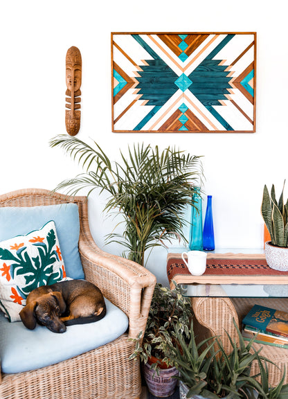 Geometric Blue Wood Wall Art for Boho Home Decor – Aztec Wall Hanging & Modern Wood Decoration