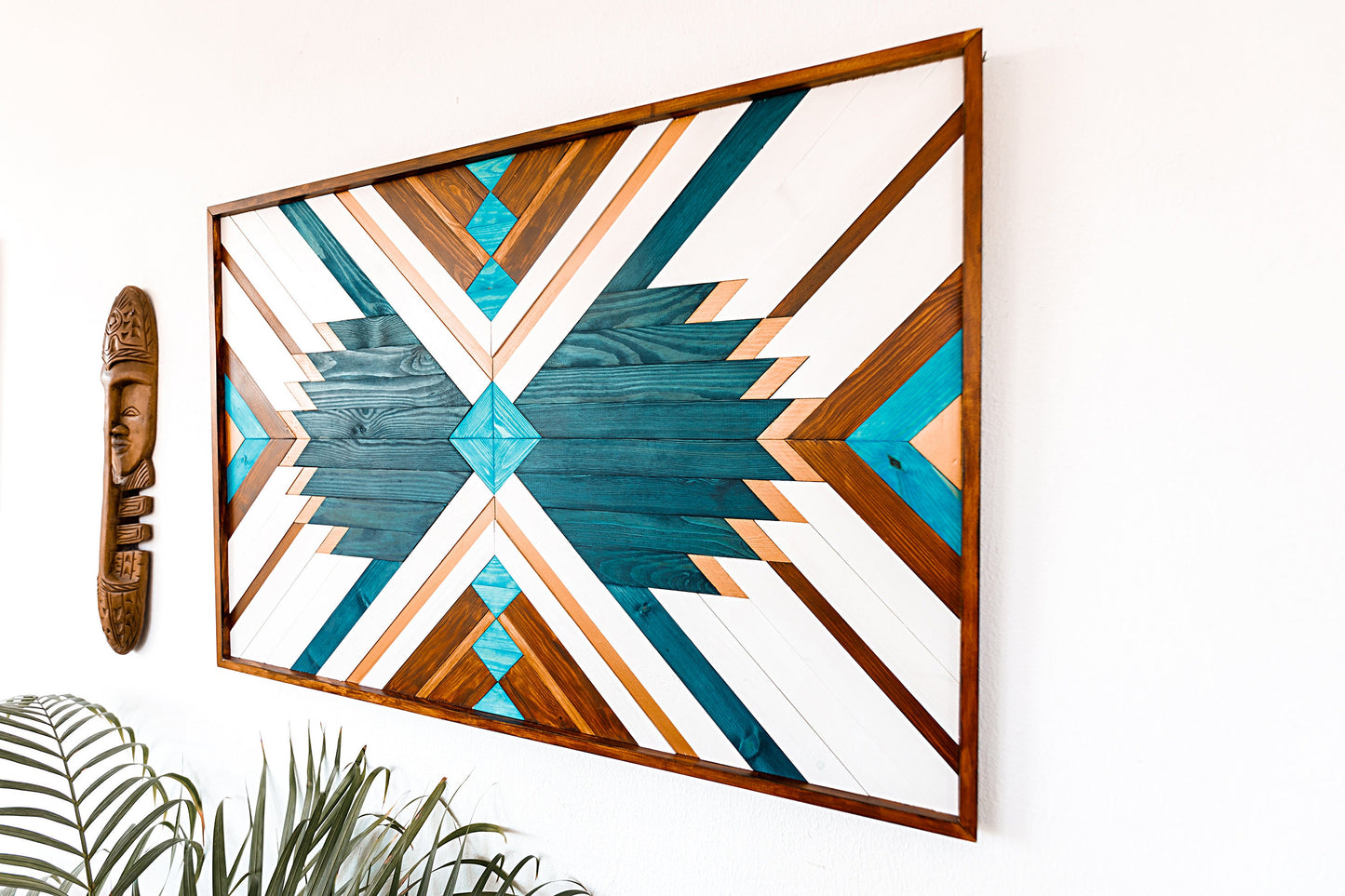 Geometric Blue Wood Wall Art for Boho Home Decor – Aztec Wall Hanging & Modern Wood Decoration
