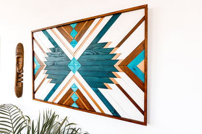 Geometric Blue Wood Wall Art for Boho Home Decor – Aztec Wall Hanging & Modern Wood Decoration