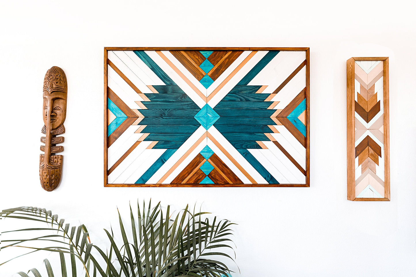 Geometric Blue Wood Wall Art for Boho Home Decor – Aztec Wall Hanging & Modern Wood Decoration