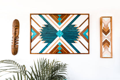 Geometric Blue Wood Wall Art for Boho Home Decor – Aztec Wall Hanging & Modern Wood Decoration