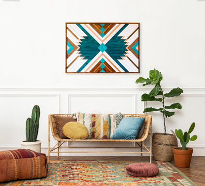 Geometric Blue Wood Wall Art for Boho Home Decor – Aztec Wall Hanging & Modern Wood Decoration